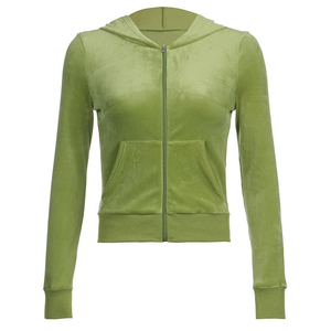 Women Green Velour Hooded <b>Zip</b>-<b>Up</b> <b>Crop</b> Top With Side Pockets Casual Autumn Wear Full Sleeve Tracksuit Set - Product Image 4