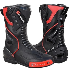 Bottes de moto pour homme, noires et rouges, mi-mollet, en cuir véritable, fermeture éclair, semelle extérieure en caoutchouc résistante à l'abrasion, semelle intermédiaire en EVA - Product Image 2