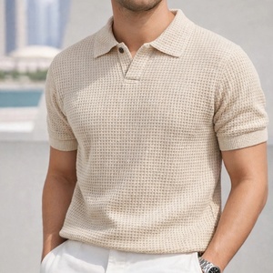 Men's Black <b>Waffle</b> Fabric Knitted for <b>Shirt</b> Short Sleeve Solid Color Smart Casual Breathable Turn Collar Regular Fit Back Neck - Product Image 5