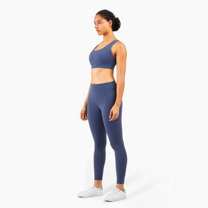 Custom Women's Yoga Set Seamless Crisscross Back Sports <b>Bra</b> High Waist Full Length Leggings and Crop top 2 Piece <b>Blue</b> Activewear - Product Image 2