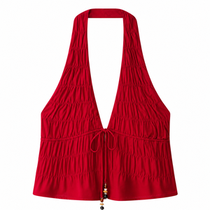 <b>Red</b> Breathable Woven <b>Lace</b> up Back Hollow Out Casual Summer Halter Tank <b>Tops</b> for Women - Product Image 1