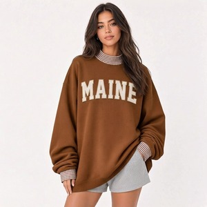 Sweat-shirt oversize pour femme, marron, imprimé lettres Maine, épaules tombantes, manches longues, en coton tricoté, style automne - Product Image 1