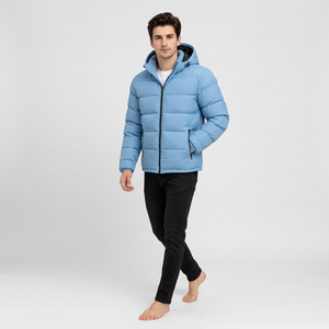 <b>Men</b> Hooded Puffer Jacket Winter Warm Breathable Polyester Filling Zipper Closure Casual Solid Color Loose Fit Front Logo Blue - Product Image 1
