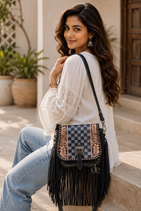 Bolso de cuero genuino hecho a mano con flecos y grabado artesanal, estilo gitano bohemio a cuadros, multiusos, estilo western, al por mayor - Product Image 6