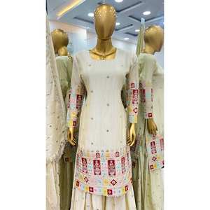 Hermosa ropa musulmana tradicional Top-Gharara y Dupatta con trabajo de secuencia de bordado - Product Image 5