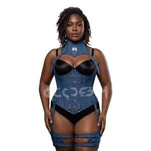 Corset bustier en jean bleu avec harnais à boucles, clous et bretelles réglables / Corset gothique en jean bleu - Product Image 1
