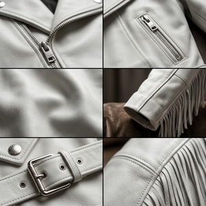 Premium White Cow Skin Leather Men's Windproof Fringe Vintage <b>Western</b> Cowboy Biker Style <b>Jacket</b> OEM Customization Available - Product Image 5