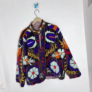 Handcrafted Velvet Suzani Bomber <b>Jacket</b> <b>Reversible</b> Vintage Boho Short Coat Colorful Embroidered Floral Pattern All Seasons - Product Image 2