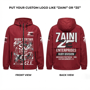 Veste coupe-vent pour homme, 120 GSM, polyester, résistante à l'eau, bordeaux, à capuche, panneau avant et arrière, logo personnalisé par sublimation, OEM ODM - Product Image 1
