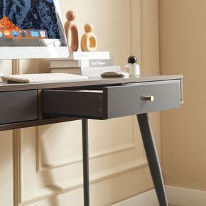 Mid Century Modern Home Office Computer <b>Desk</b> Walnut+Dark Grey Writing Study <b>Desk</b> with <b>Drawers</b> Multifunctional - Product Image 4