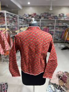 Red <b>Quilted</b> Cotton <b>Jacket</b> With Mandarin Collar Sleeve Printed <b>Pattern</b> Single Button Closure Women's Autumn Wear GIFT FOR HER - Product Image 6