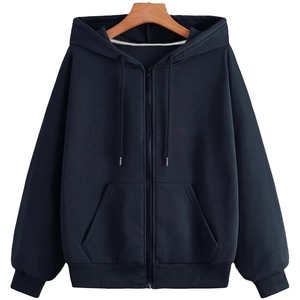 Sweat-shirt à capuche zippé en polaire pour femme, couleur unie, manches longues, décontracté, tricoté, lavable en machine, doublé, pour l'hiver - Product Image 1