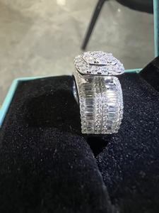 <b>Mens</b> 925 <b>Silver</b> Lab Grown Diamond Square <b>Ring</b> with Round Center and Baguette Accent Stones Iced Statement <b>Ring</b> - Product Image 6