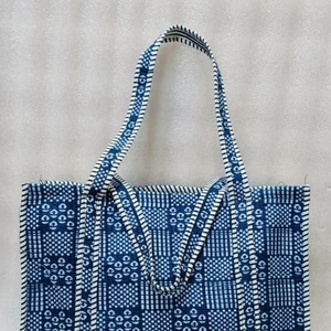 Quilted Cotton Tote <b>Bag</b> Indigo Geometric Block Print Gsm 320 Shoulder Handbag Shopper Manufacturer - Product Image 4