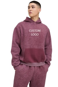 Chándal de gran tamaño Borgoña lavado ácido 100% algodón 500GSM grueso hombro caído Sudadera con capucha y pantalones de chándal conjunto chándal de lavado de bolsillo de imitación - Product Image 3