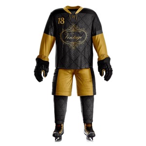 Custom Vintage Ice Hockey Uniform Men's Full Sleeve Sublimated Jersey <b>Pants</b> Set Black Gold Moisture Wicking Polyester OEM - Product Image 1
