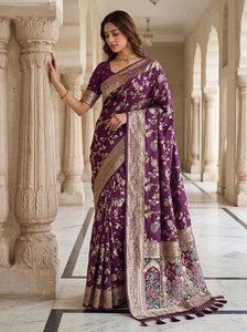 Purple Banarasi Silk Saree Zari Floral Weaving Traditional Indian Wedding Party <b>Dress</b> for Women - Product Image 2