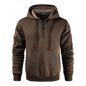 Sweat-shirt à capuche mi-zippé marron pour homme, coupe classique, couleur unie, pull décontracté avec poches, en coton tricoté, idéal pour l'automne - Product Image 2