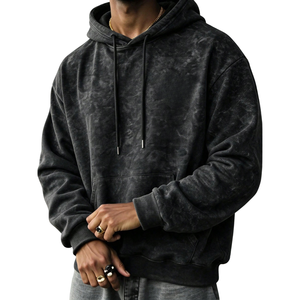 Vintage Washed <b>Black</b> Hooded Sweatshirt <b>Men</b> Pullover <b>Hoodie</b> with Drawstrings Front Pocket Casual Streetwear Wholesale Supplier - Product Image 1