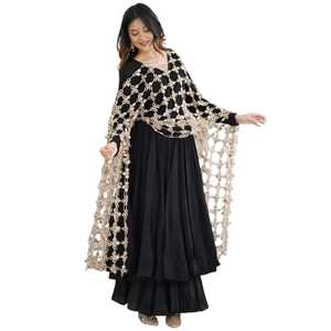 Robe Anarkali traditionnelle indienne et pakistanaise pour femmes, longueur au sol, avec dupatta en crochet beige, coton noir, coupe ample, tenue de mariage - Product Image 1