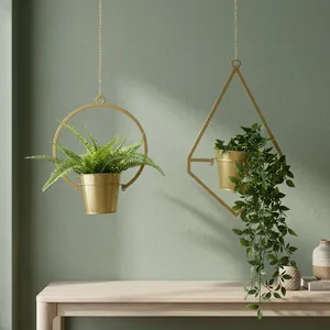 Macetas Colgantes de Metal Dorado con Marcos Geométricos |   Modernos Soportes de Pared para Plantas, Decoración de Interiores para el Hogar, Sala de Estar - Product Image 1