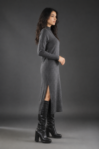 Women's Crew Neck Woolen Casual Maxi Knit <b>Dress</b> Solid Pattern Long Sleeve Winter A-Line Silhouette - Product Image 3