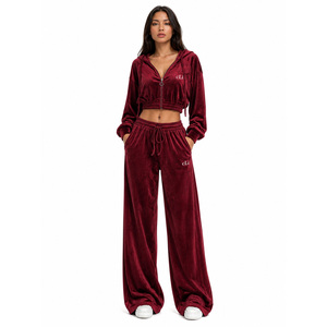 Signature Women's Luxury Athleisure <b>Velour</b> Hoodies and Wide Leg <b>Trouser</b> Set Custom Cropped Hooded Fashion Tracksuit Autumn OEM - Product Image 1