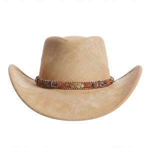 Sombrero Vaquero Personalizado Estilo Gamuza Caqui con Banda Trenzada Marrón y Detalle de Pluma Metálica, Moda Western para Exteriores, OEM - Product Image 1
