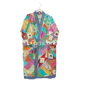 Kimono de Algodón Puro con Bordado Calado, Hecho a Mano, Multicolor, Estilo Kantha, Túnica Acolchada de Invierno, Ropa de Calle, Regalo para Mujeres y Madres, Cálido - Product Image 3