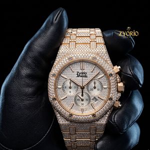 Montre chronographe de luxe ETA Skeleton Iced Moissanite Diamond unisexe en or rose, acier inoxydable, quartz, cadran en verre, 41 mm - Product Image 3