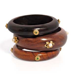 Handcrafted Vintage Sheesham <b>Wood</b> <b>Bangles</b> Gold Floral for Party Jewelry Sisso Saffron Teak Hexagonal Boho Women's - Product Image 6