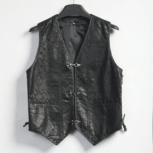 Custom <b>Men's</b> Black Genuine Cowhide <b>Leather</b> Western Biker <b>Vest</b> Vintage Motorcycle <b>Leather</b> Waistcoat with Metal Hook Closure and B - Product Image 1