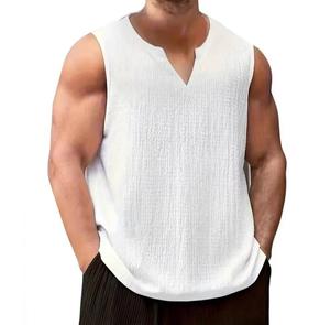 Men's <b>White</b> O-Neck Solid Color Spandex Front Logo Breathable Knitted <b>Tank</b> <b>Top</b> Casual Style - Product Image 1