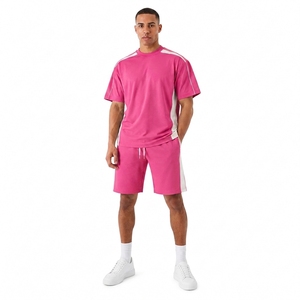 <b>Men's</b> <b>Pink</b> Color Blocking T-<b>Shirt</b> Set Crew Neck Knitted Cotton Quick Dry Sporty Summer Wear - Product Image 1