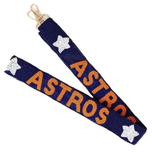 Sangle de sac en coton brodé marine avec étoiles orange, design perlé artisanal réglable pour sacs, jours de match et usage quotidien - Product Image 1