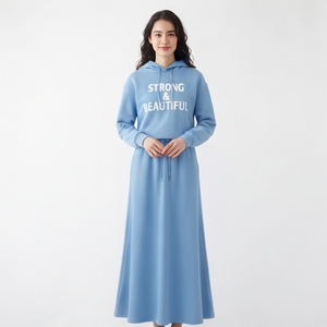 Women's Long Sleeve Hooded Ladies Print Drawstring Waist Floor-Length Casual Style 100% Cotton Knitted Fleece <b>Skirts</b> Set Ladies - Product Image 5