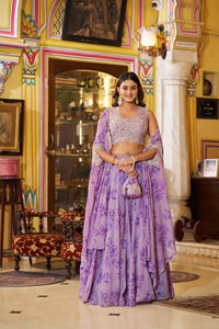 Georgette Classic Ball Gown Floor-Length Navratri Lehenga Choli Embroidered Floral Foil Print Gotta Patti Lace Slim Fit Natural - Product Image 4