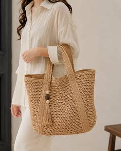 Custom Luxury Handwoven <b>Straw</b> Tote <b>Bag</b> brown Raffia Mesh Beach <b>Bag</b> with Tassel Wooden Beads Large Summer Resort Women Handbag - Product Image 1