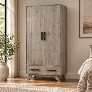 Armoire en bois massif d'acacia, 2 portes, 2 tiroirs, armoire de rangement moderne pour chambre à coucher, avec service OEM ODM personnalisé, vente en gros - Product Image 1
