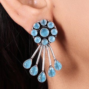 Sky <b>Blue</b> Stone Brass Oxidized Antique Silver Plated Pear Cut Bohemian Wedding Floral Dangle <b>Earrings</b> Women's Fashion Jewelry - Product Image 6