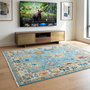 Alfombra de Lana Anudada a Mano Multicolor de Primera Calidad, Diseño Clásico de Pelo Plano con Borde Floral Tradicional para Sala de Estar, Decoración del Hogar - Product Image 1