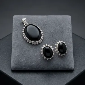925 Sterling Silver Black Onyx Jewelry Set Pendant Earrings Oval Gemstone Beaded Setting Women's Classic Elegant Everyday Wear - Product Image 5