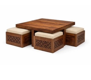 Table basse en bois massif avec plateau à lattes et 4 tabourets rembourrés |   Table basse empilable gain de place |   Exportation de Jodhpur - Product Image 3
