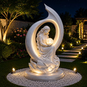 Statue décorative d'extérieur en pierre blanche, boule de lune lumineuse, sculpture de jardin déesse de la lune, design zen asiatique, artisanat religieux LED - Product Image 1