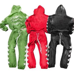 Kivotech Heavyweight Cotton French Terry Two Piece Hoodie <b>Sets</b> Men Vintage Washed Oversized Sun faded Rhinestone Tracksuits - Product Image 6