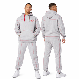 Ensemble de survêtement gris pour homme avec sweat à capuche et pantalon de jogging à coutures contrastées, personnalisable avec logo, tenue de sport décontractée - Product Image 1