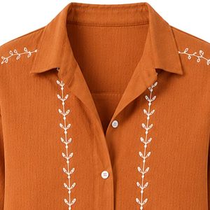 Camisa Corta Bordada Color Naranja Quemado para Mujer, Blusa Casual de Verano con Botones, Mezcla de Lino, Logotipo Personalizado, Top de Moda - Product Image 5