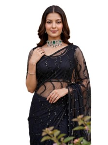 Sari indio tradicional de diseño, negro, con blusa de red, elegante y moderno, para fiestas, de secado rápido, para mujer, de verano. - Product Image 1