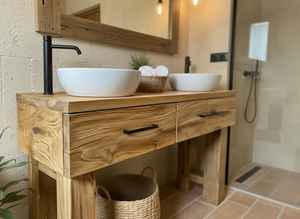 ตู้ห้องน้ำไม้ธรรมชาติสุดหรู ปี 2026 พร้อมอ่างล้างหน้าคู่ ตู้เก็บของ เฟอร์นิเจอร์ห้องน้ำทันสมัย สำหรับใช้ในบ้านและโรงแรม - Product Image 3