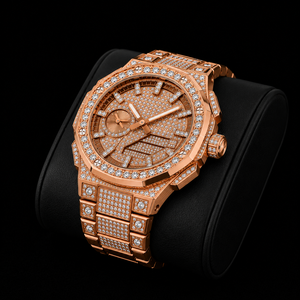 Reloj de Cuarzo para Hombre en Acero Inoxidable con Acabado en Oro Rosa y Piedras Brillantes, Esfera con Doble Pantalla, Lujoso y Moderno para Fiestas - Product Image 3